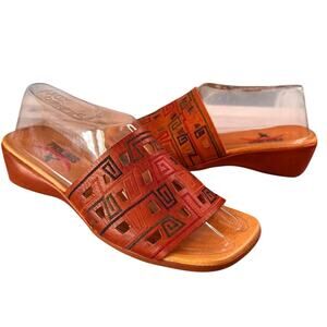 Pikolinos Leather Sandals Caramel Aztec Cutout Low Wedge Slides Size 7/38